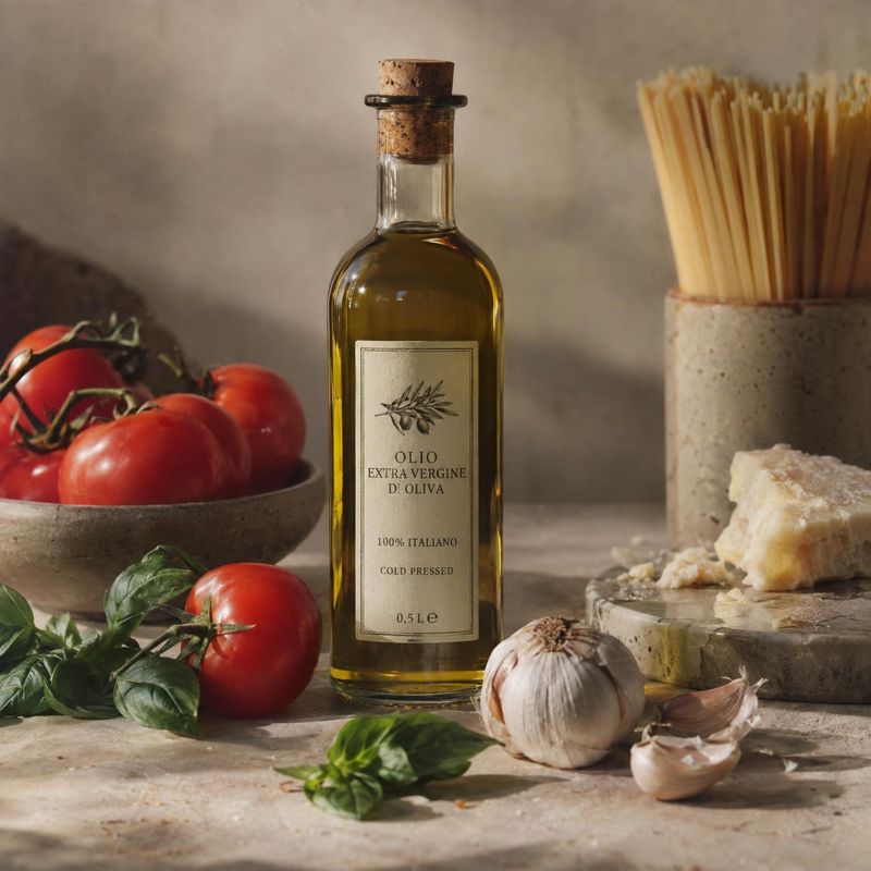 olive oil ingredients product photo: A cork-stoppered bottle of olive oil sits among tomatoes, basil, garlic, cheese and pasta in a warm, softly lit tabletop s…