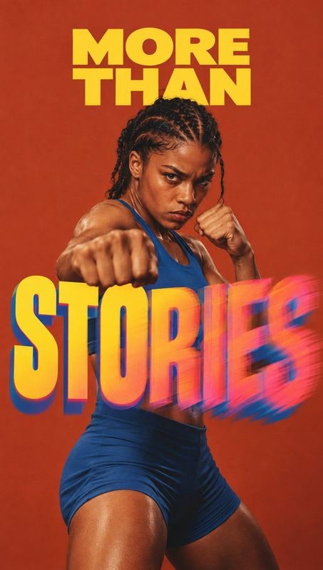 action & motion product photo: An athletic woman in a blue sports outfit punches toward the camera against a red studio backdrop, with bold yellow and multicol…