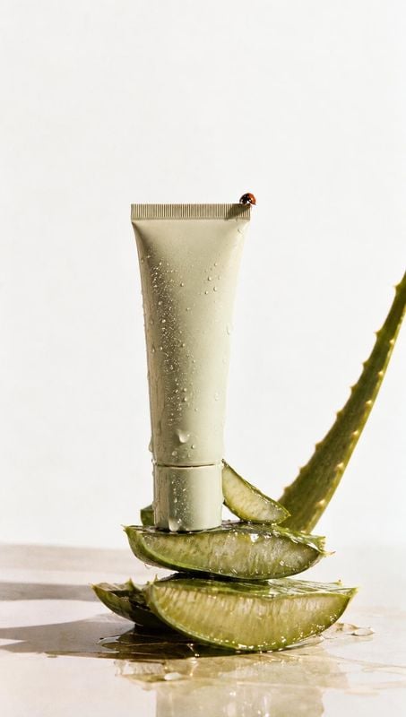 skincare tube ingredients product photo: A water-dappled skincare tube stands among freshly cut aloe leaves on a pale reflective surface, lit brightly against…