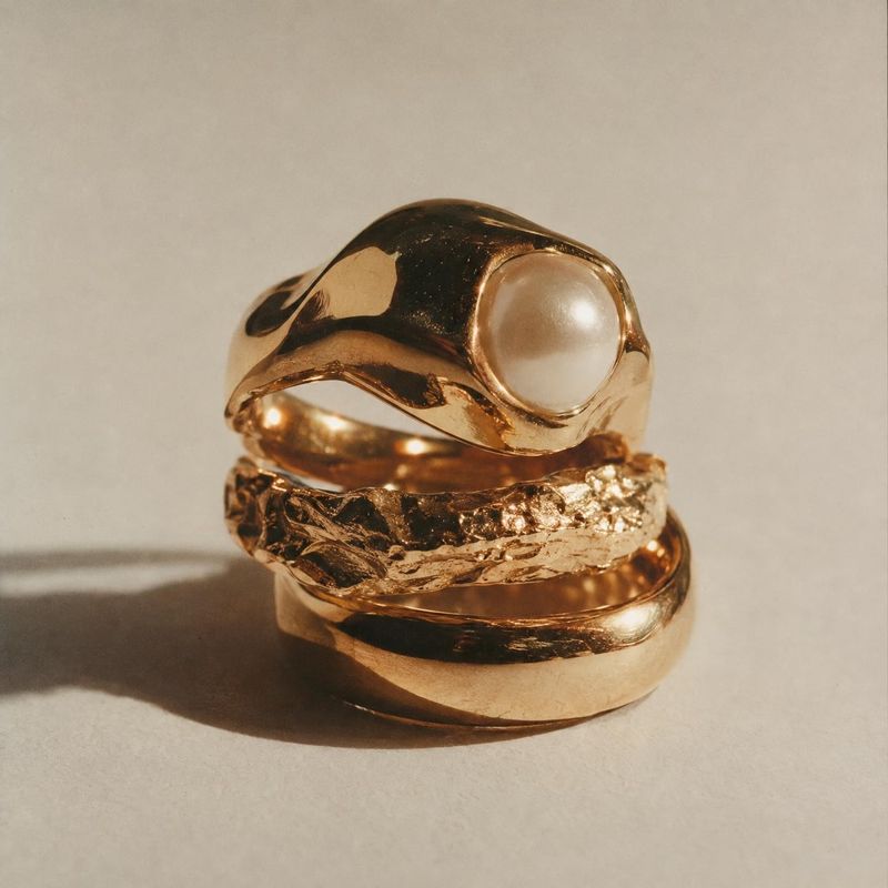 gold rings close-up detail product photo: A sculptural stack of gold rings with polished and textured finishes and a pale stone sits on a warm neutral surface,…