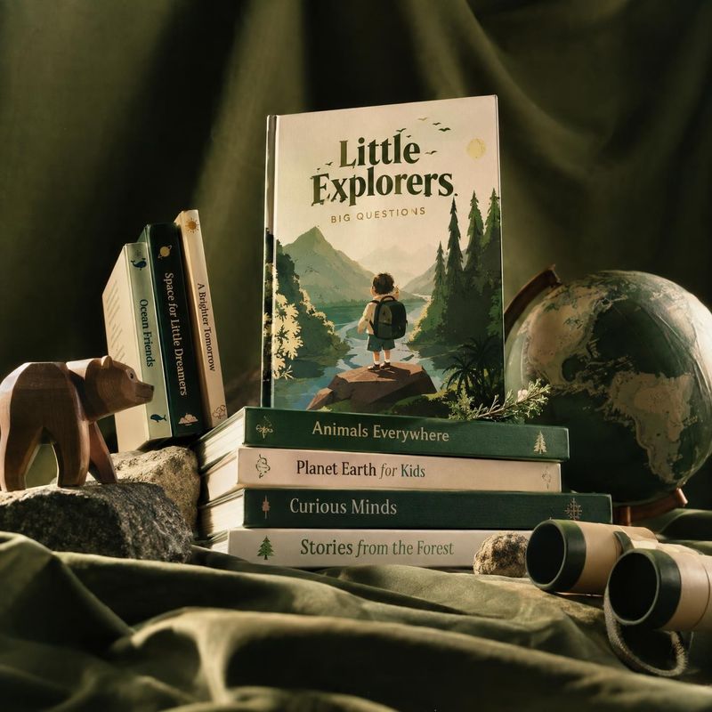 children’s books book product photo: A warmly lit, forest-themed still life centers an illustrated children’s book among stacked books, a globe, binoculars, an…
