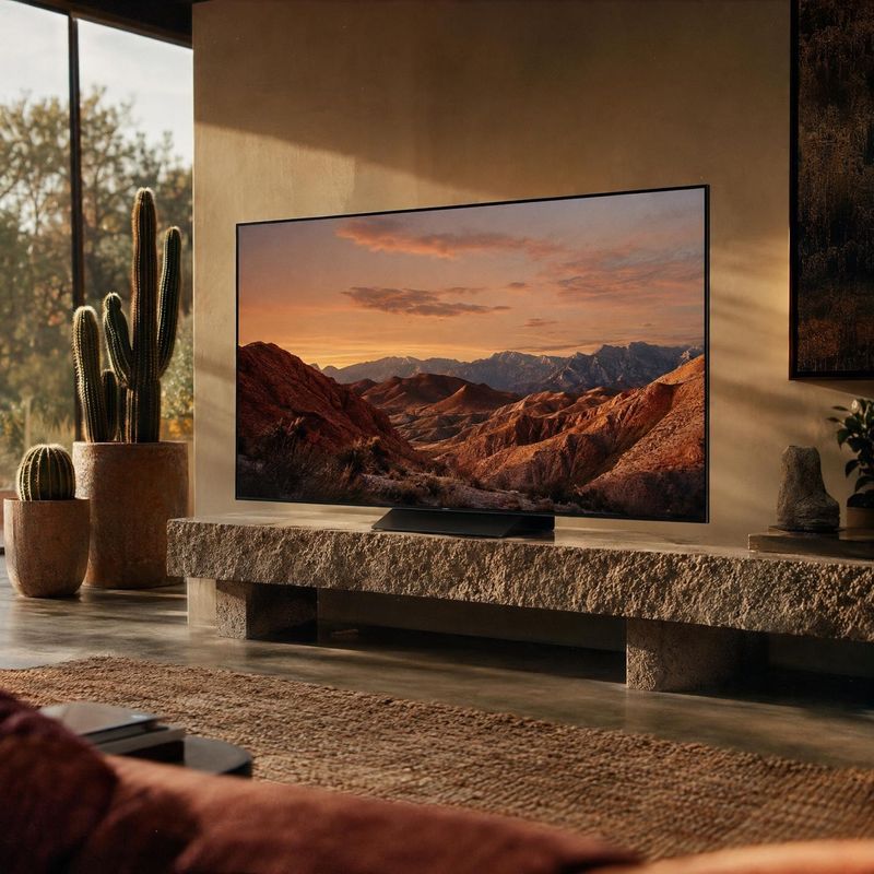 television lifestyle scene product photo: A large flat-screen television displaying a sunset mountain landscape anchors a warm, modern living room with stone f…