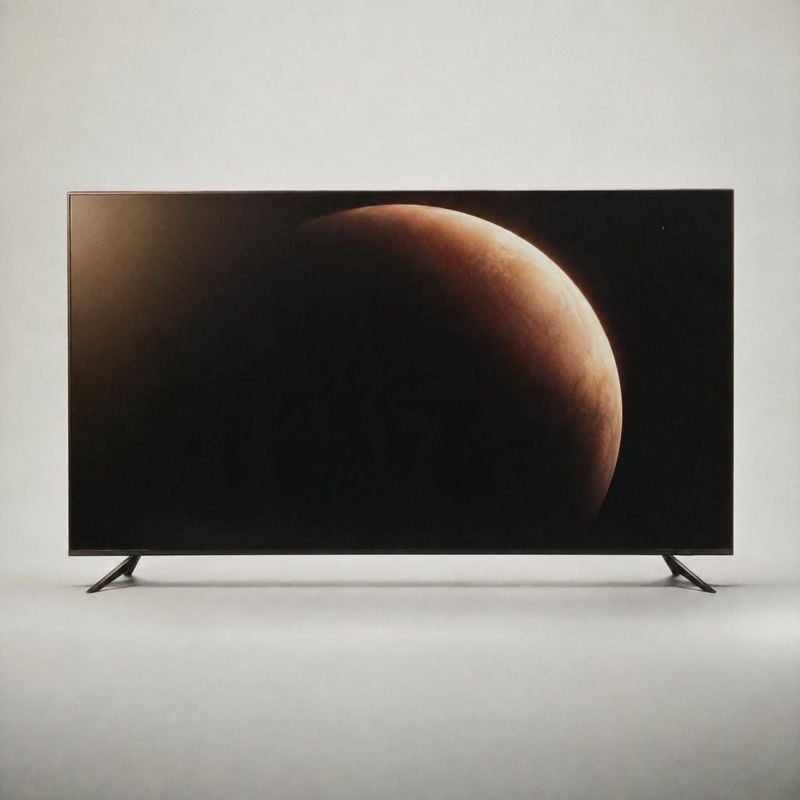 flat-screen television electronics product photo: A wide flat-screen television stands against a clean pale studio backdrop, its screen showing a dimly lit pla…