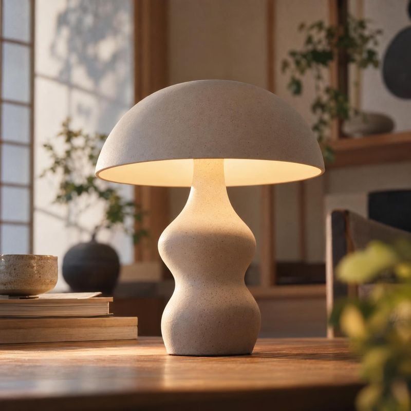 table lamp lifestyle scene product photo: A softly glowing sculptural stoneware table lamp sits on a wooden table in a warm, plant-filled interior, styled with…