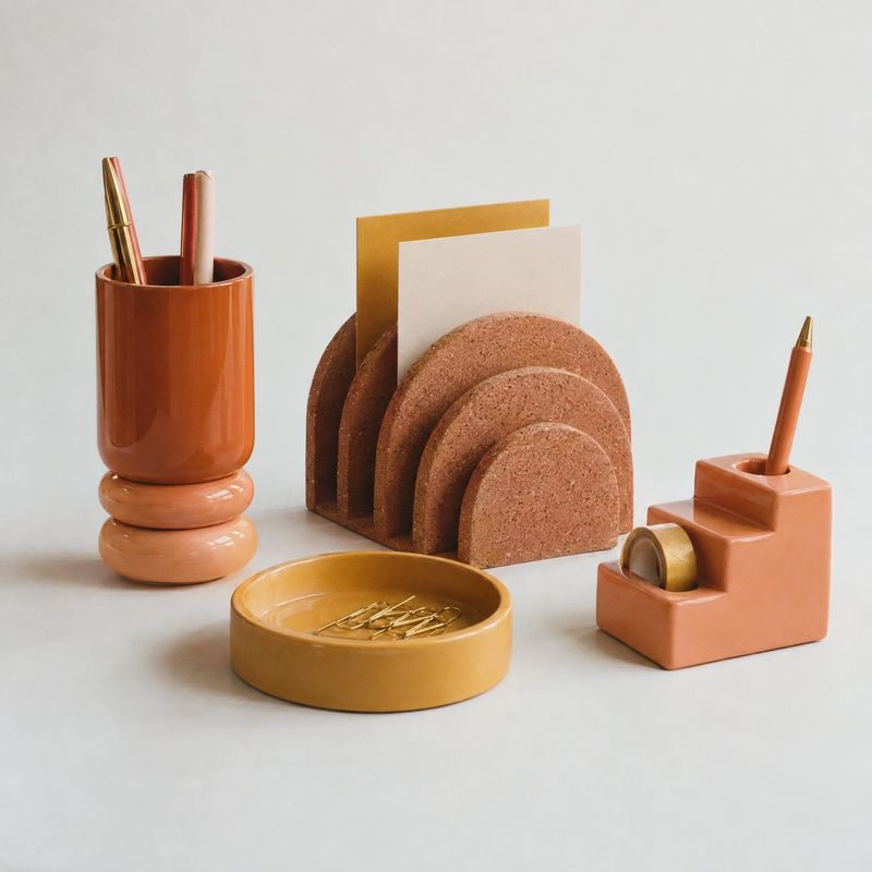 desk organizer set stationery product photo: A coordinated set of terracotta-toned desk accessories, including pencil holders, a paper organizer and a small tr…