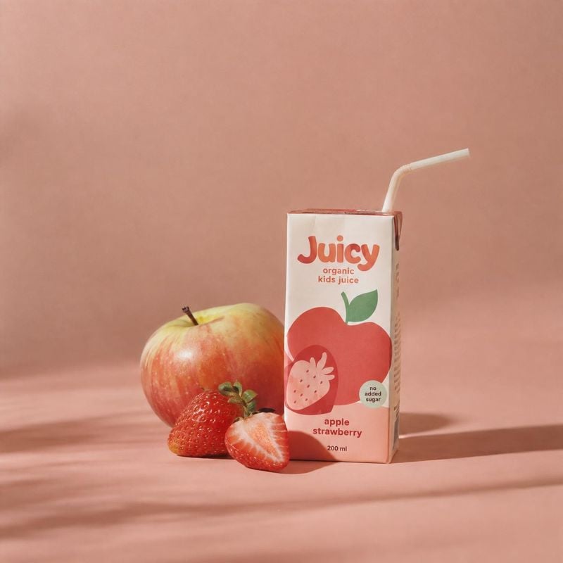 apple-strawberry kids juice ingredients product photo: A juice carton stands beside an apple and fresh strawberries against a warm pink studio backdrop, with s…