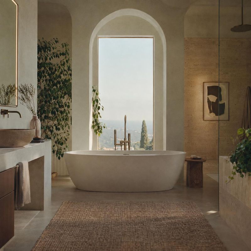 freestanding bathtub interior space product photo: A sculptural freestanding bathtub anchors a serene, warm-toned bathroom with natural textures, greenery, and…