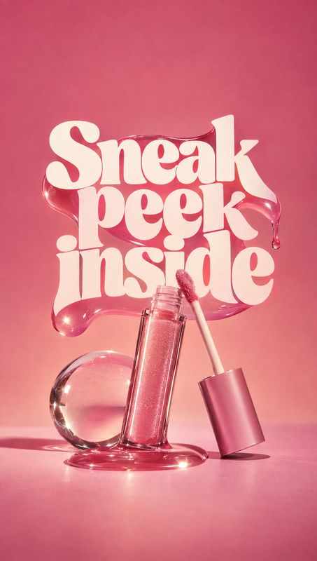 lip gloss packshot product photo: A pink glitter lip gloss and its applicator are styled on a glossy pink surface beneath oversized cream lettering, with brigh…