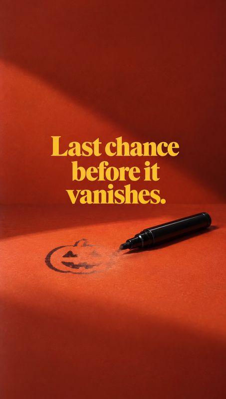black marker halloween product photo: A black marker lies beside a fading jack-o’-lantern drawing on a vivid orange-red studio surface, beneath bold yellow let…