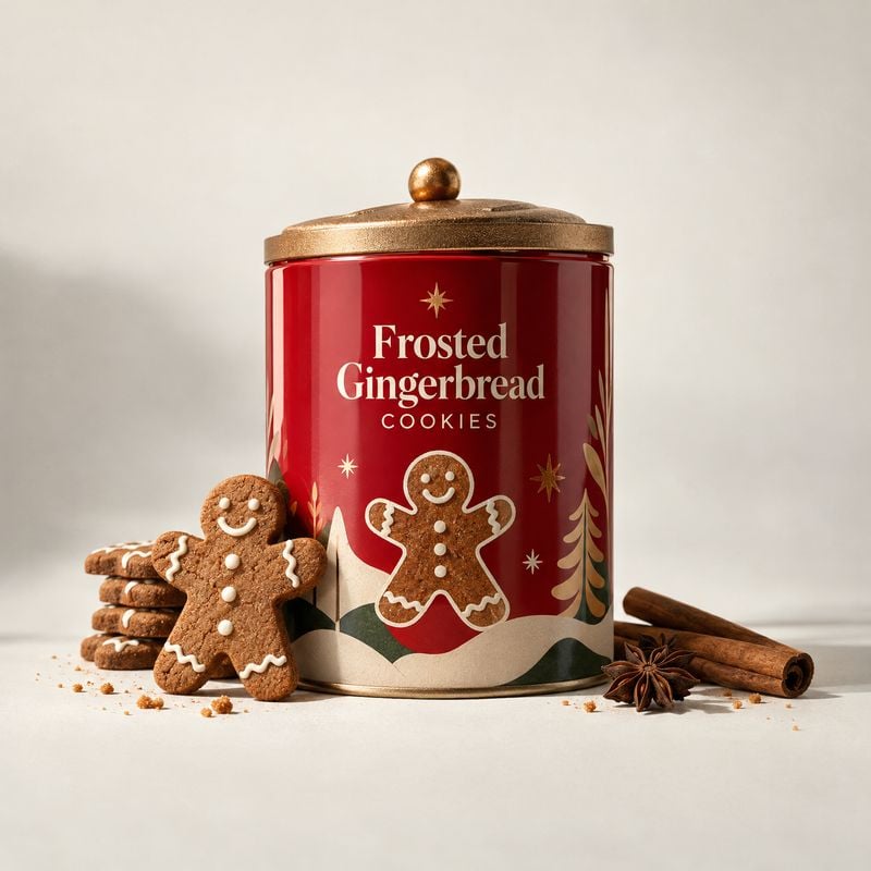 gingerbread cookie tin christmas product photo: A red holiday cookie tin with gingerbread cookies, cinnamon sticks and star anise is arranged on a pale tableto…