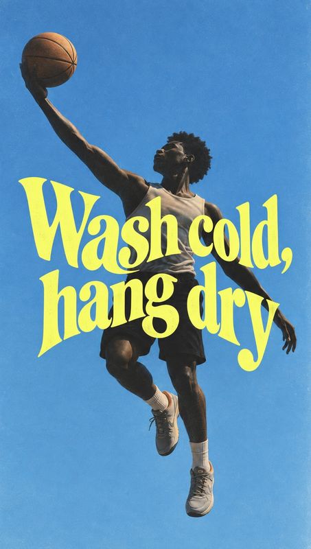 athletic clothing action & motion product photo: A basketball player leaps toward the ball against a vivid blue sky, with oversized yellow lettering reading “W…
