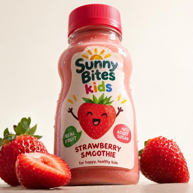 strawberry smoothie ingredients product photo: A chilled bottle of pink strawberry smoothie stands among fresh strawberries against a warm, pale studio backgro…