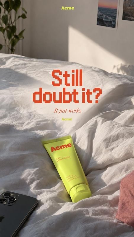 daily moisturizer lifestyle scene product photo: A lime-green moisturizer tube rests on rumpled white bedding in warm sunlight, with bold red headline text and…