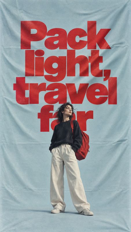 red backpack jewelry product photo: A woman in a dark sweater and loose white trousers wears a red backpack against a softly draped pale blue studio backdrop,…