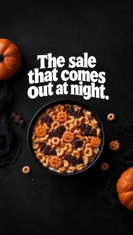 Halloween cereal halloween product photo: A top-down bowl of Halloween-shaped cereal sits on a dark textured surface with scattered pieces and pumpkins, beneat…