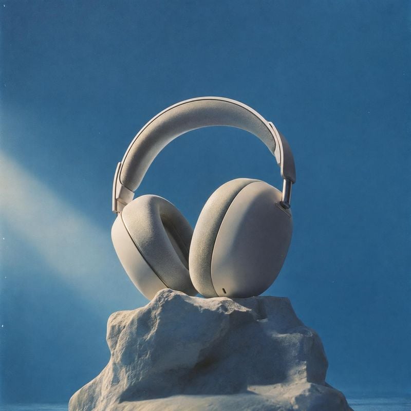 over-ear headphones electronics product photo: Cream-colored over-ear headphones rest on a sculptural rock against a deep blue studio backdrop, lit by a soft d…