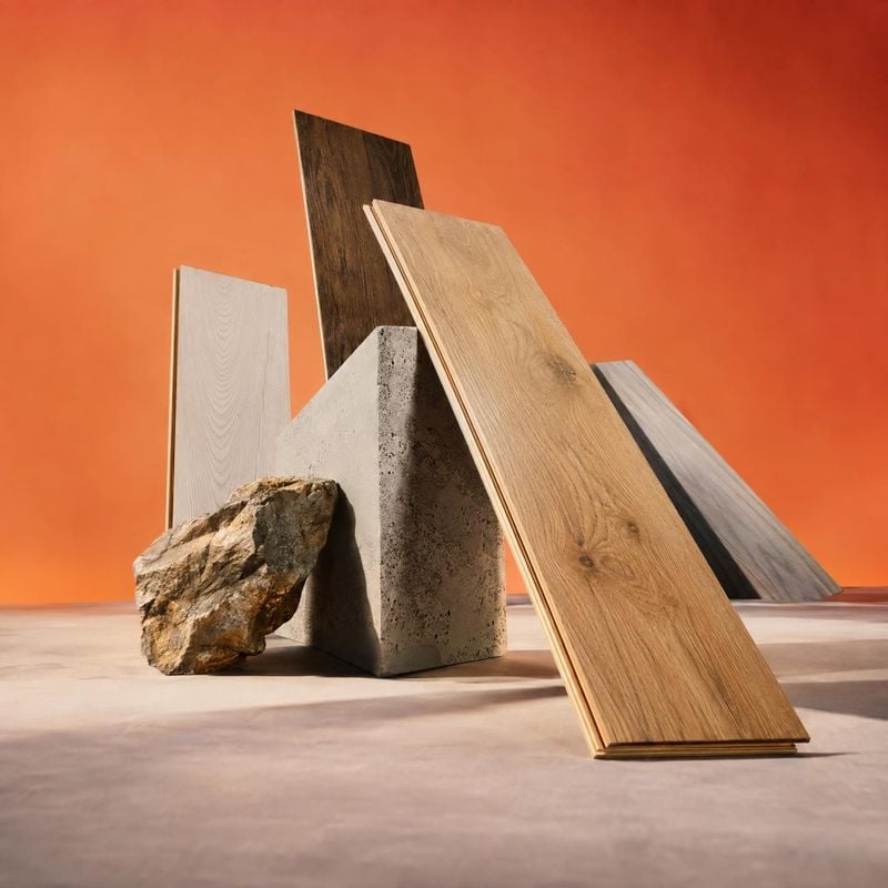 flooring samples texture / swatch product photo: Wood flooring samples, a concrete block, and a rough stone are arranged as a sculptural material display again…