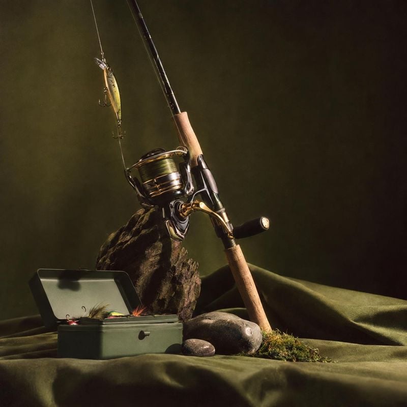 fishing rod and reel sports product photo: A fishing rod and reel lean among tackle, stones, and moss on draped olive fabric, lit dramatically against a dark s…