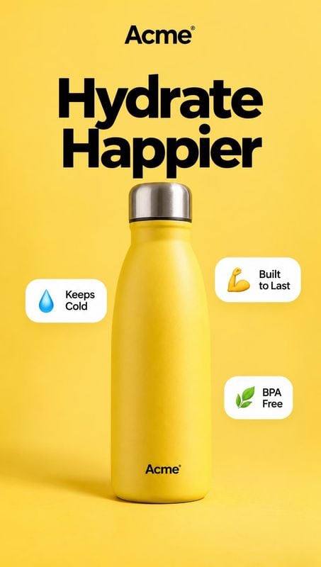 insulated water bottle sports product photo: A bright yellow insulated bottle is centered against a matching yellow studio backdrop, surrounded by bold black h…