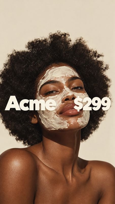 facial mask on-body detail product photo: A close-up studio portrait shows a woman with a creamy facial mask against a warm neutral background, overlaid with b…