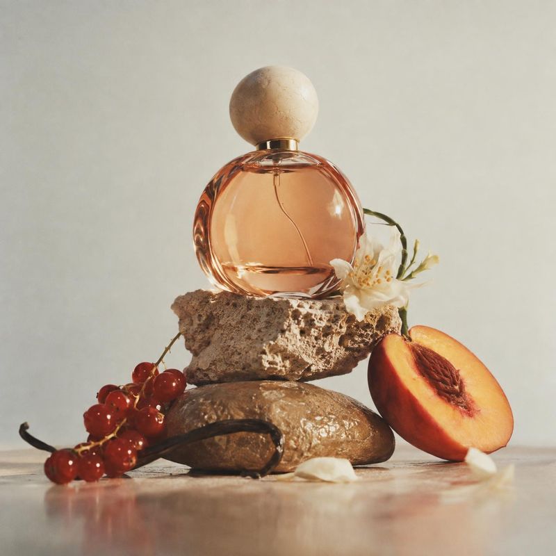 perfume ingredients product photo: An amber perfume bottle rests on stacked natural stones among a peach, berries, vanilla and a pale flower, lit softly agains…