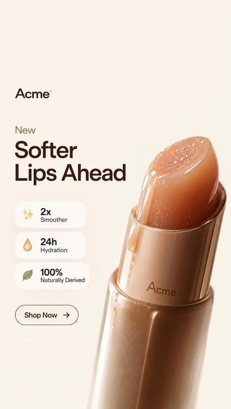 lip balm packshot product photo: A glossy nude lip balm is shown in an oversized close-up beside bold promotional copy and benefit callouts on a warm cream bac…