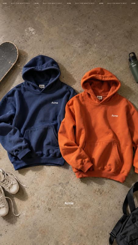 hoodies flat lay product photo: Two hoodies in navy and burnt orange are arranged with casual accessories on a textured concrete surface, lit with soft directi…