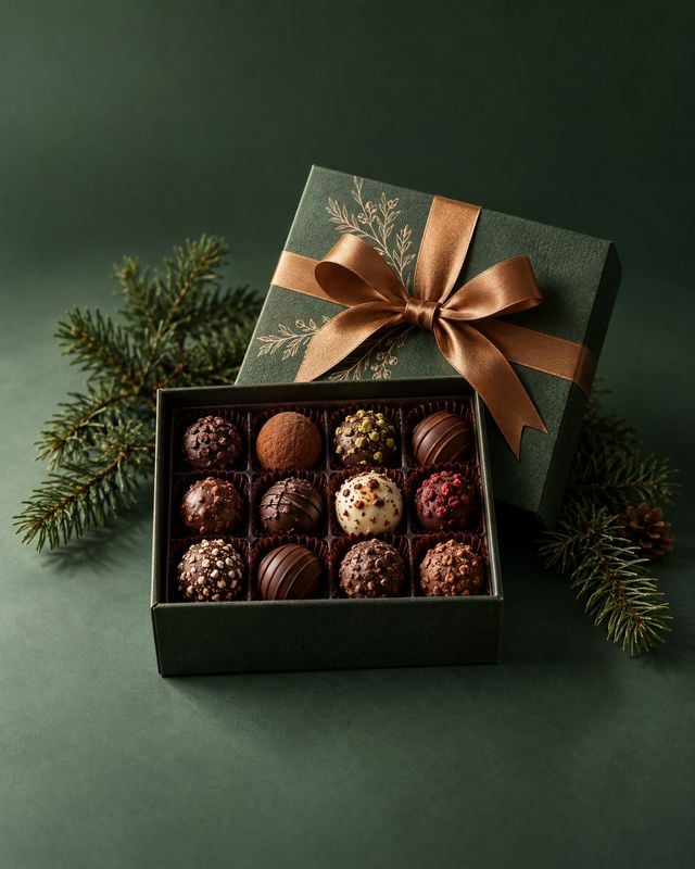 gift box of assorted chocolates christmas product photo: An open box of assorted chocolates sits beneath a forest-green lid tied with a copper satin bow, with…