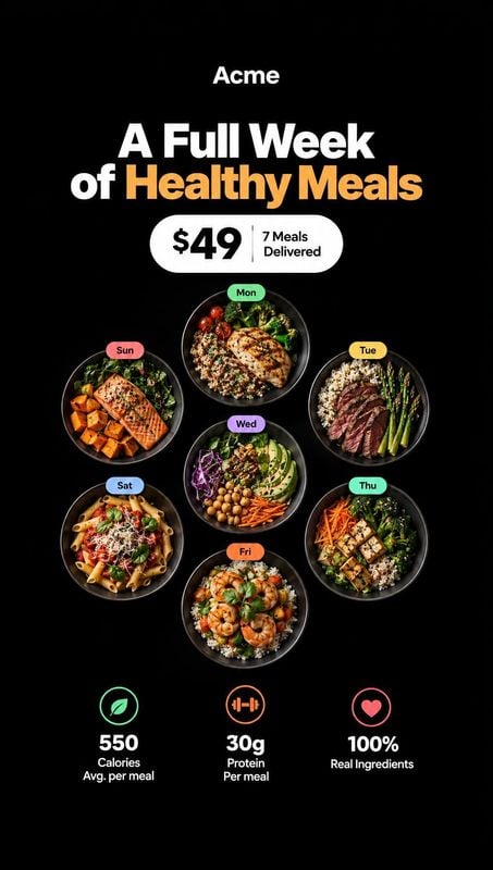weekly healthy meal plan flat lay product photo: A bold black promotional graphic centers a seven-meal healthy food plan, with overhead meal photos, bright day…