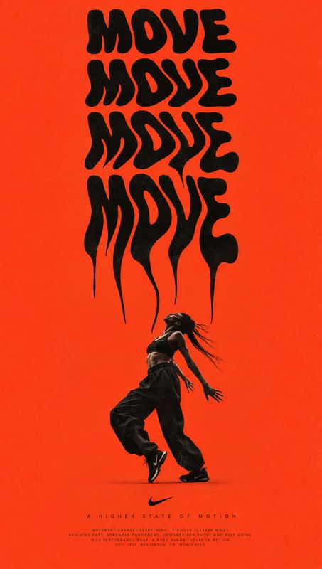 action & motion product photo: A dancer in loose black clothing strikes a dynamic pose against a vivid orange field beneath oversized, distorted black letterin…