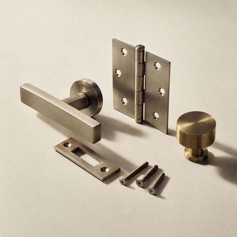 door hardware set flat lay product photo: A brushed brass door handle, hinge, knob, strike plate, and screws are arranged neatly on a warm neutral surface, lit…