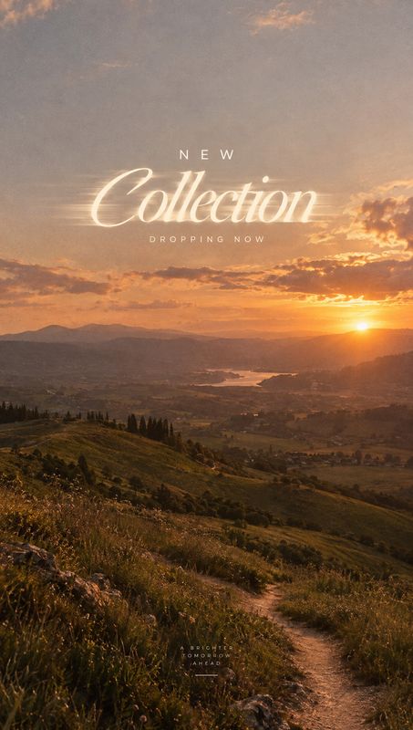 lifestyle scene product photo: A sunlit mountain valley at golden hour is overlaid with elegant white “New Collection” launch typography, creating a warm, aspi…