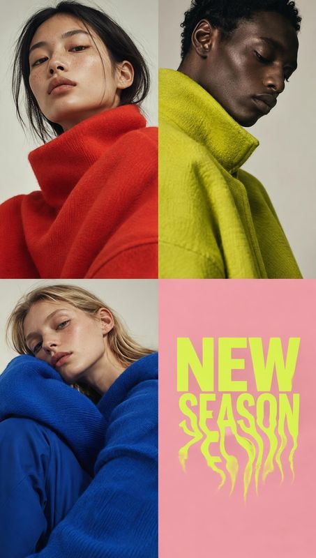 colorful knitwear close-up detail product photo: Three models pose in vivid red, yellow-green, and blue knitwear in a studio collage, paired with bold lime “NE…