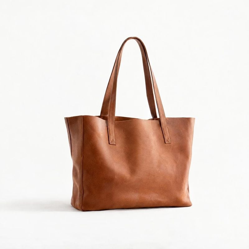 leather tote bag jewelry product photo: A warm brown leather tote bag stands alone against a bright white studio background, softly lit to show its smooth fini…