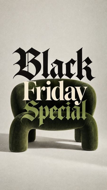 upholstered chair black friday product photo: A sculptural dark green upholstered chair sits on a pale studio floor beneath oversized black and olive Black Fri…