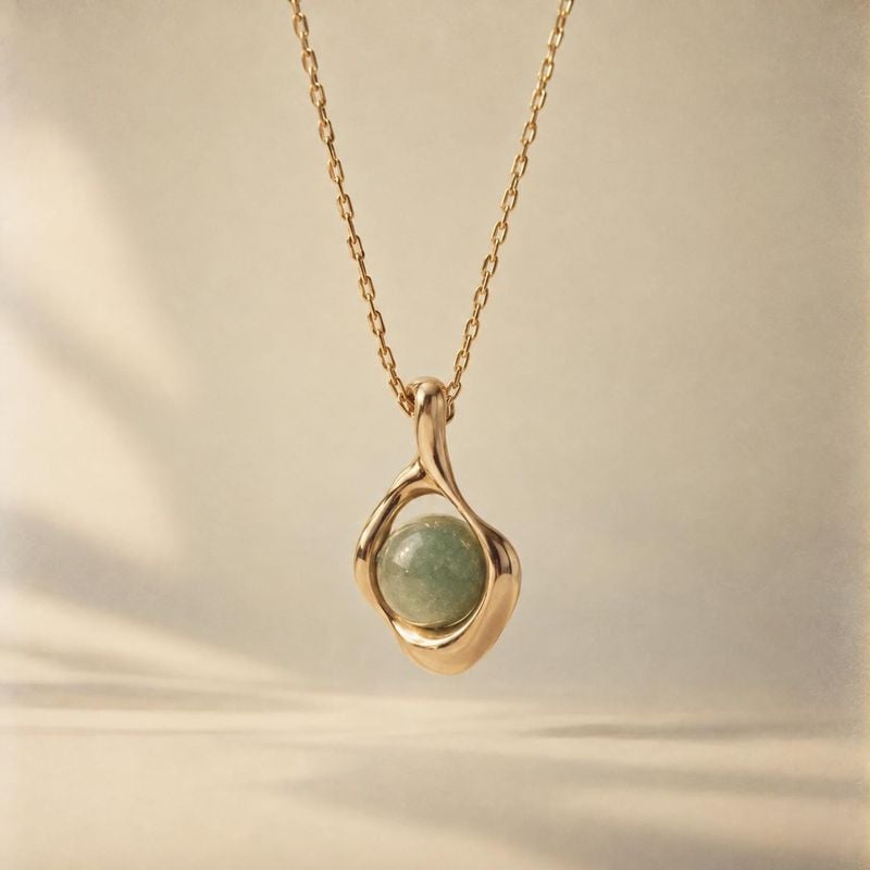 gold pendant necklace with green stone jewelry product photo: A gold chain and sculptural pendant with a green stone hang against a softly textured beige backd…