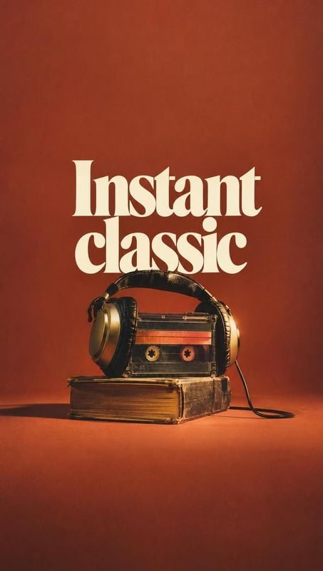 cassette player with headphones electronics product photo: A vintage cassette player and headphones rest on a worn book against a warm rust-red studio backdrop…