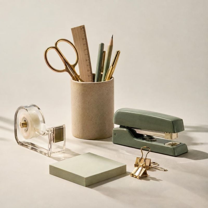 stationery set stationery product photo: A coordinated set of stationery and desk tools is arranged on a pale tabletop, with muted sage and warm neutral tones,…