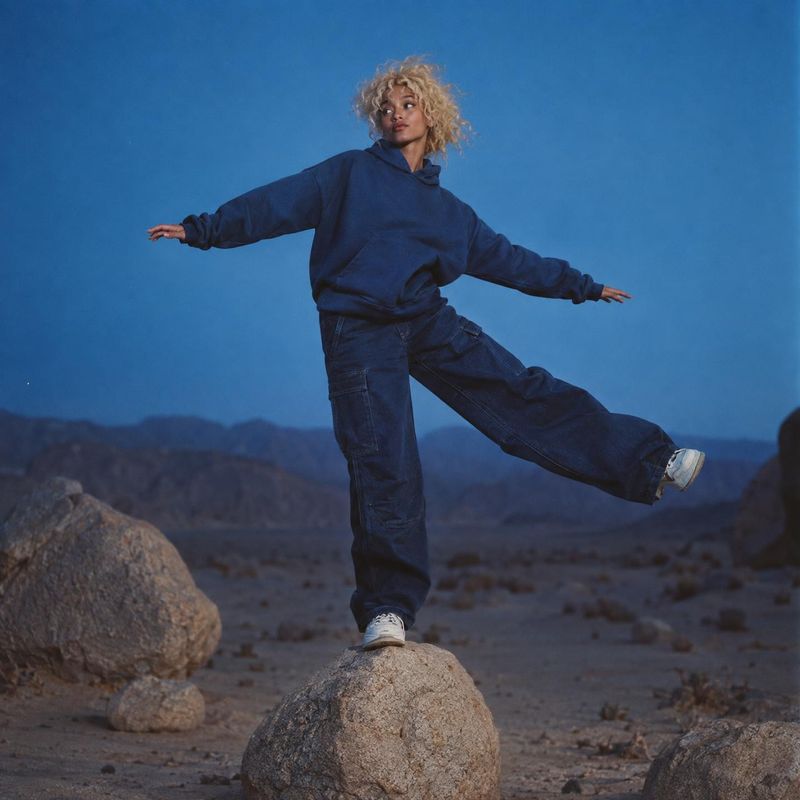 hoodie and jeans action & motion product photo: A model in a blue hoodie, loose jeans, and sneakers balances on desert rocks beneath a broad blue sky, with coo…