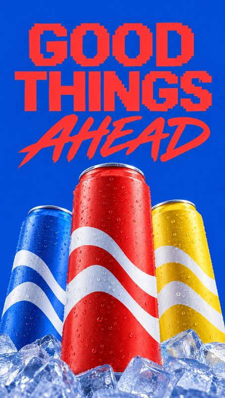 Soda cans food and drink product photo: Three brightly colored, condensation-covered soda cans sit among ice against a vivid blue backdrop, with bold red displ…