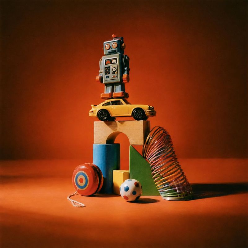 assorted vintage-style toys toys product photo: A toy robot, yellow model car, wooden blocks, yo-yo, ball, and colorful spring are artfully stacked against a w…