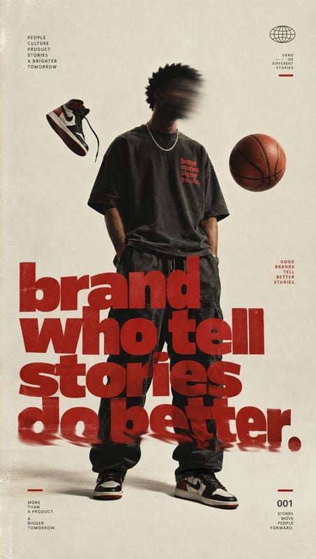 streetwear outfit and sneakers floating product product photo: A model in dark streetwear stands against a warm, minimal studio backdrop as a sneaker and baske…