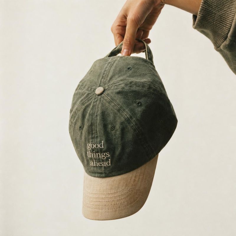 embroidered baseball cap product in hand product photo: A hand presents a washed dark-green baseball cap embroidered with “good things ahead” against a softly…