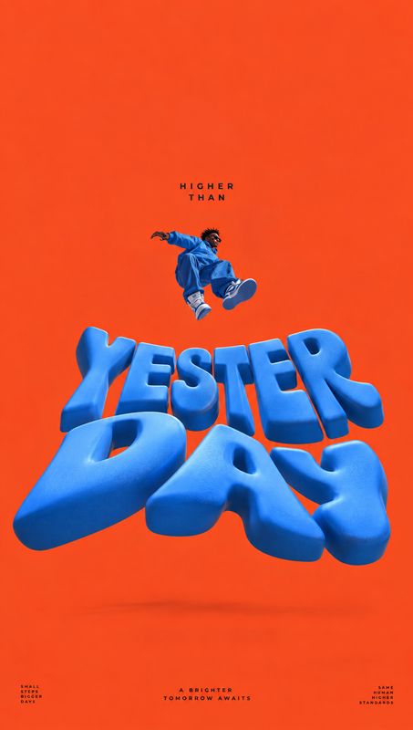 sneakers action & motion product photo: A small airborne figure in blue streetwear and sneakers floats above oversized blue 3D lettering against a vivid orange…