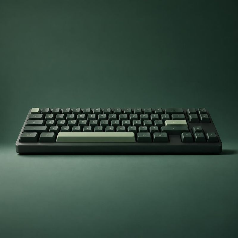computer keyboard electronics product photo: A dark, minimalist computer keyboard sits centered on a muted green studio surface, lit softly from above with gen…