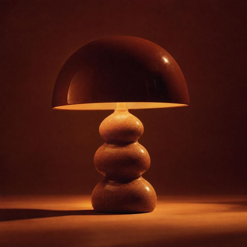 table lamp product photo: A sculptural, stacked-base table lamp glows against a deep reddish-brown studio backdrop, creating a warm and intimate mood.