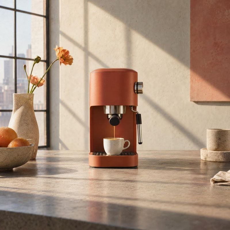 espresso machine lifestyle scene product photo: A terracotta-colored espresso machine sits on a sunlit kitchen counter among a ceramic cup, fruit, and flowers,…