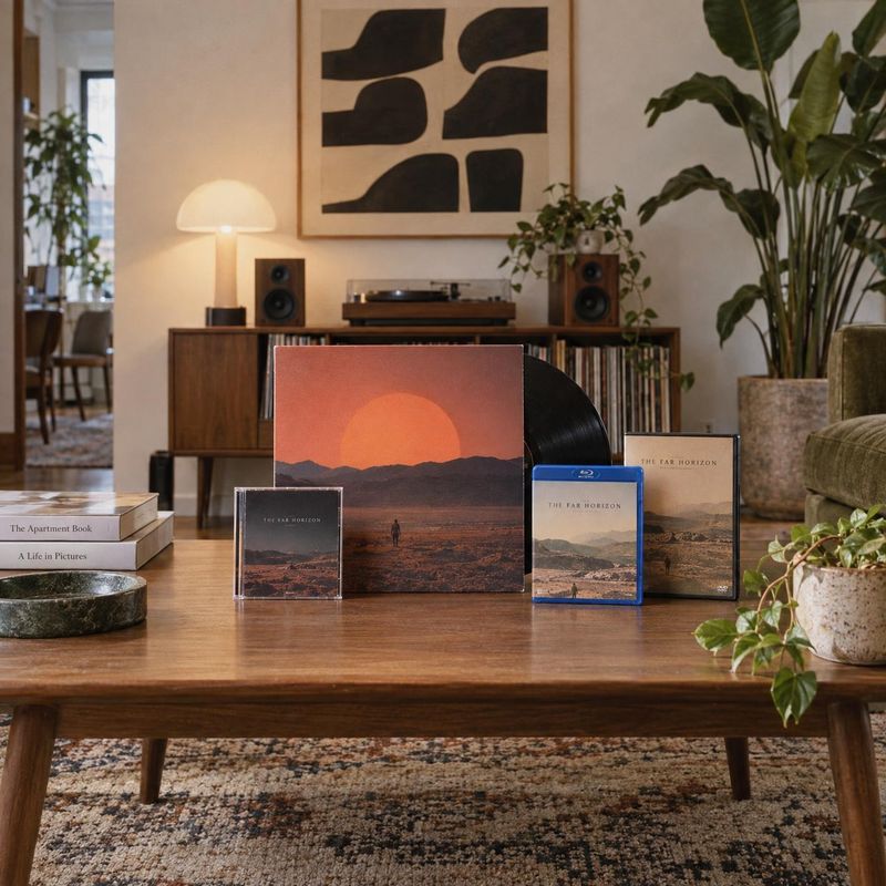 vinyl record and media editions book product photo: A vinyl record, disc editions, and books are arranged on a wooden table in a warmly lit living room with pl…