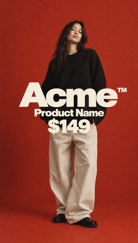 sweater and trousers fashion product photo: A model poses in a black sweater and loose cream trousers against a vivid red studio backdrop, with bold cream prod…