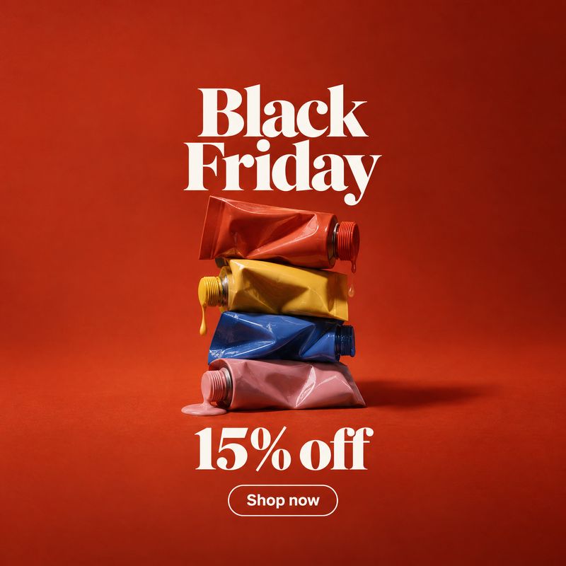 paint tubes stationery product photo: A stack of colorful paint tubes sits against a saturated red studio backdrop beneath bold cream Black Friday and discount…